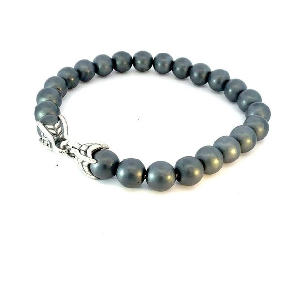 David Yurman Hematite Prayer Beads Bracelet 8" 8 mm Sterling Silver Estate DY612 - Picture 6 of 7